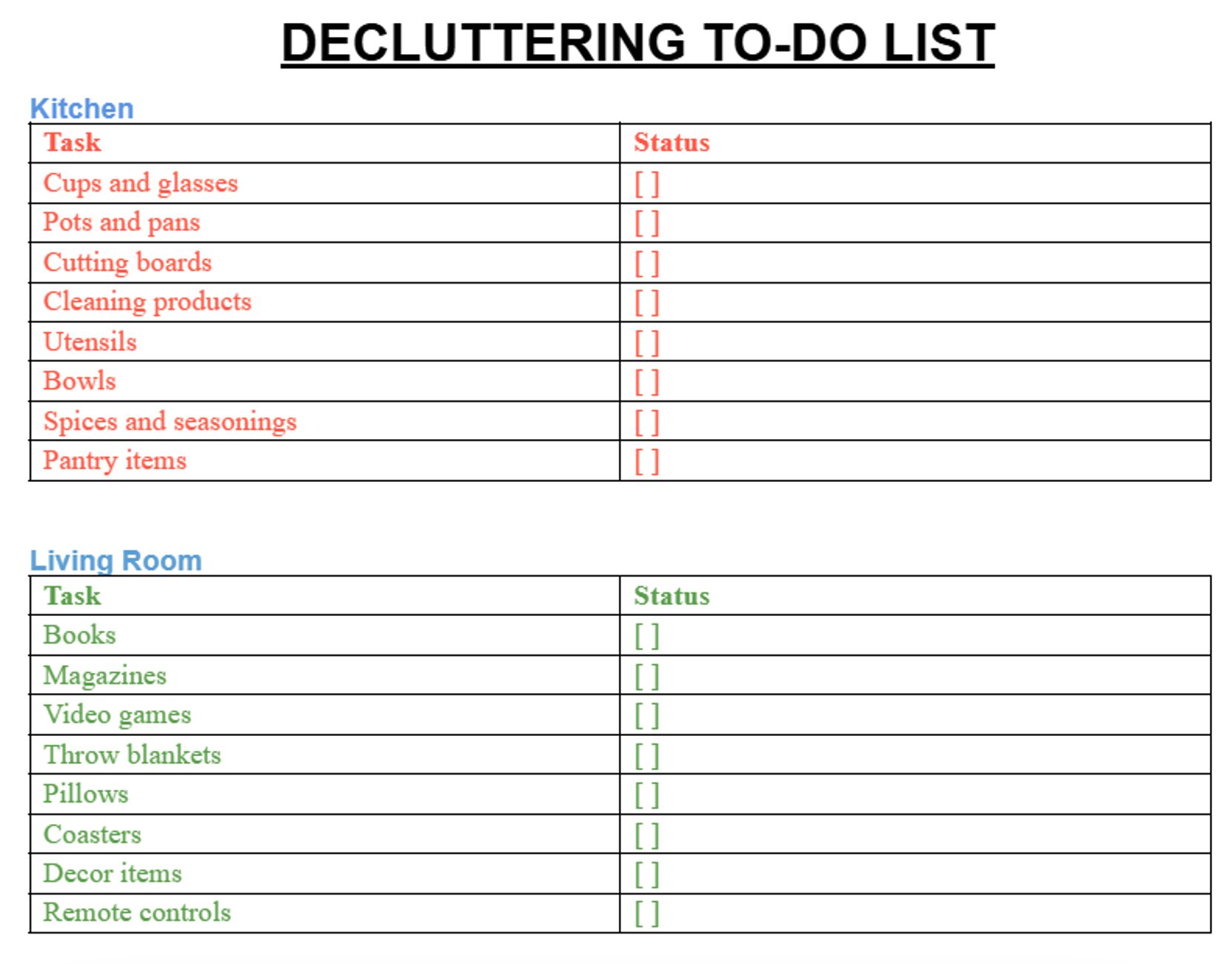 Decluttering To-Do List Template