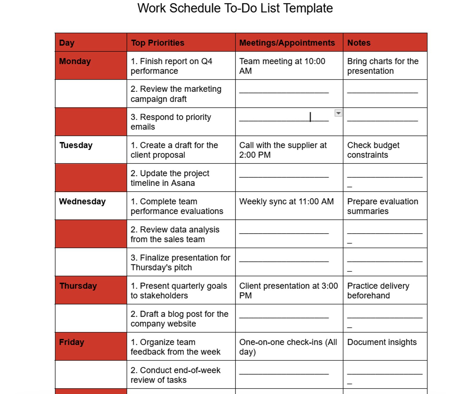 Work Schedule To-Do List Template