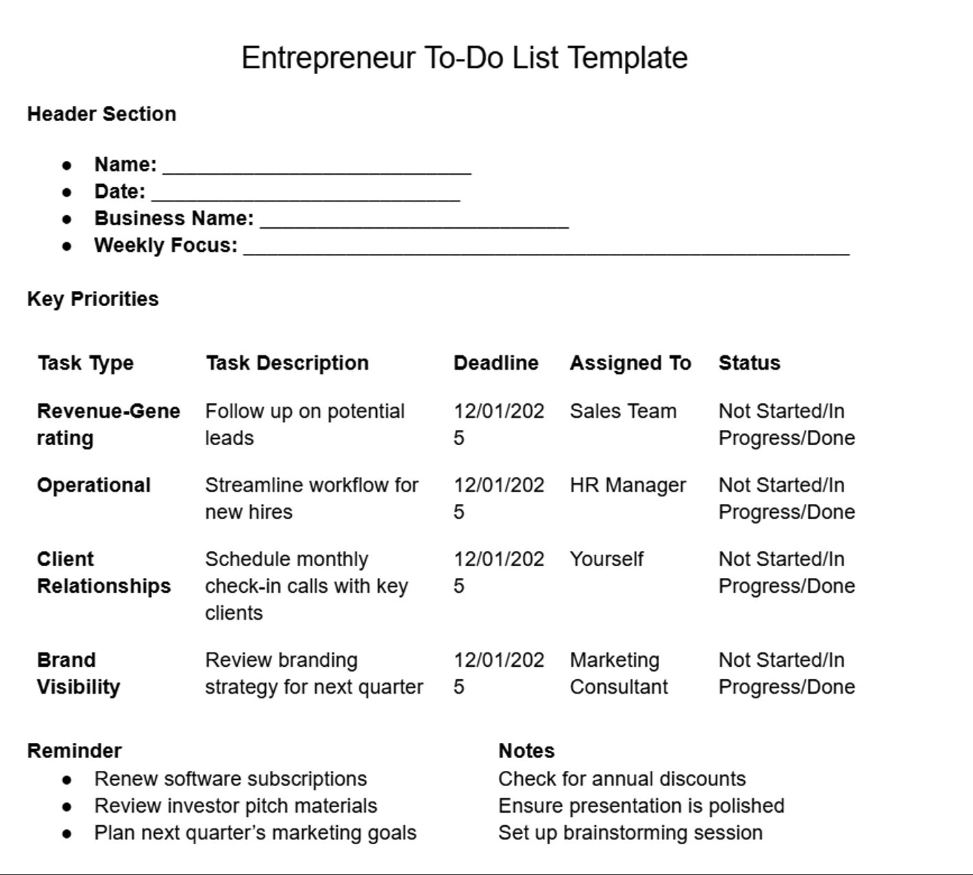 Entrepreneur To-Do List Template