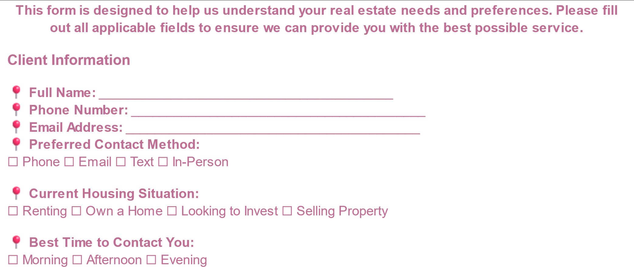 Real Estate Client Intake Form Template