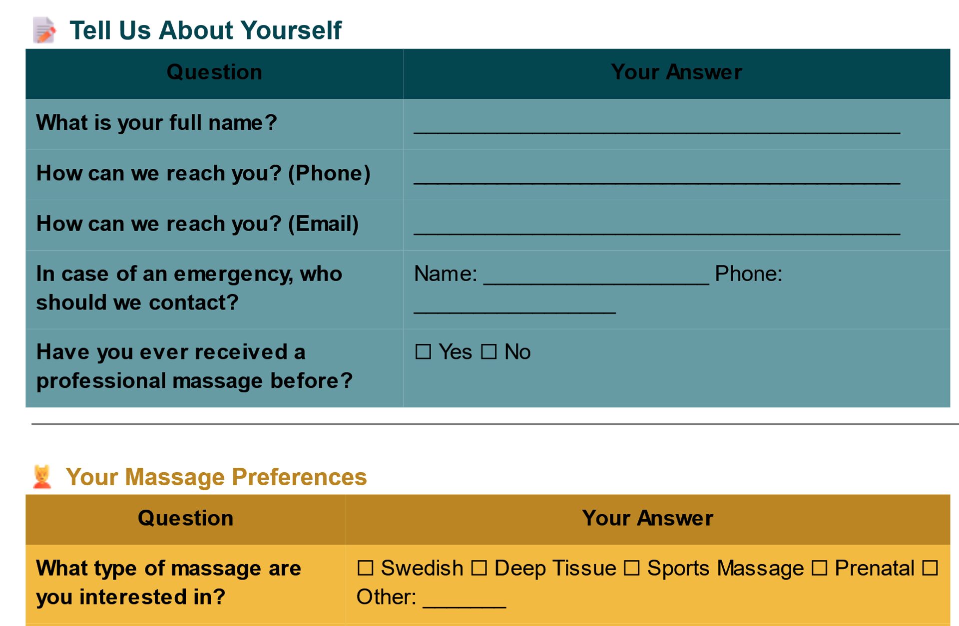 Massage Therapy Client Intake Form Template