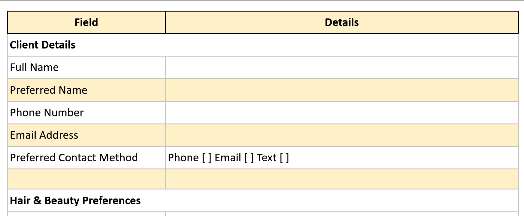 Salon Client Intake Form Template