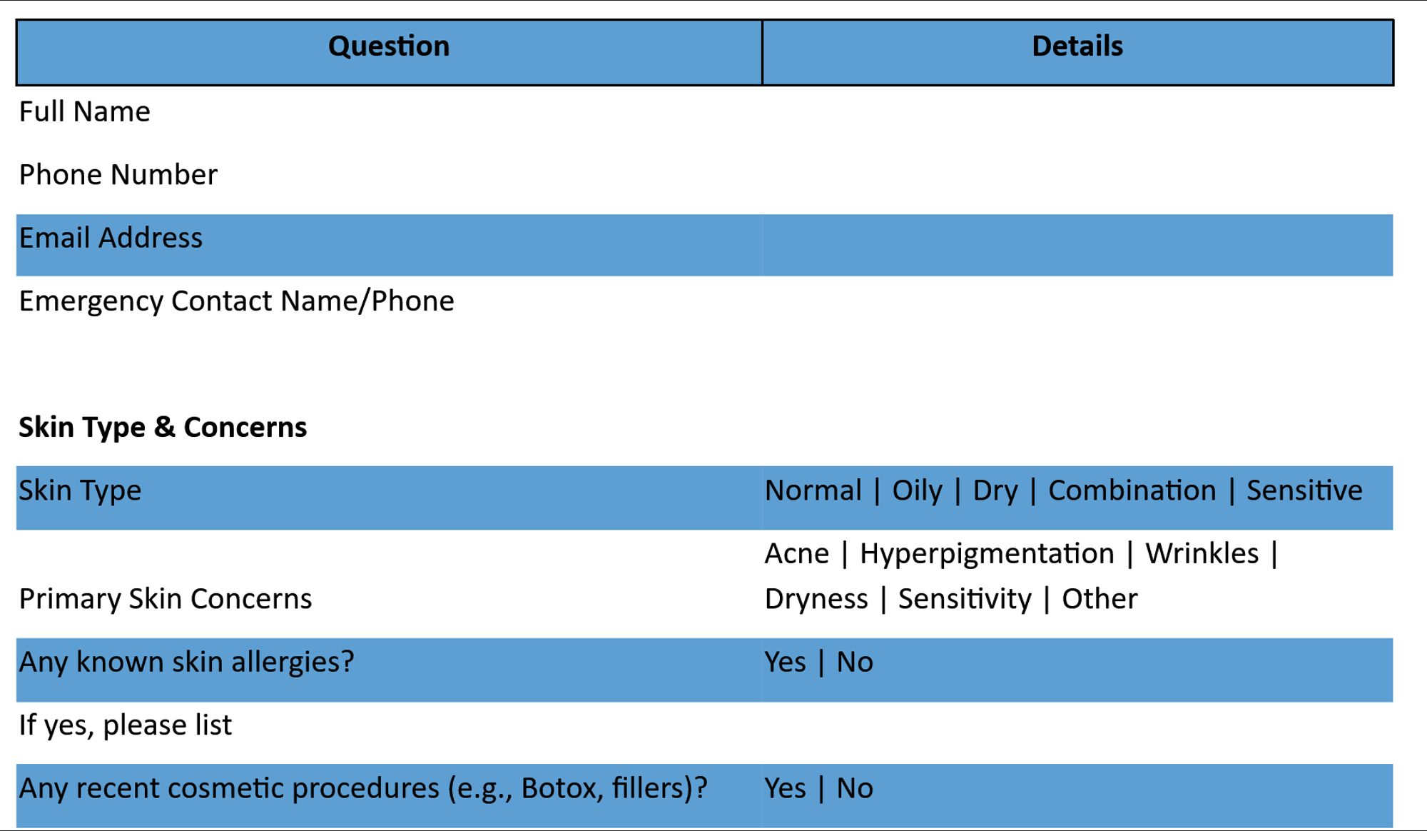 Esthetician Client Intake Form Template