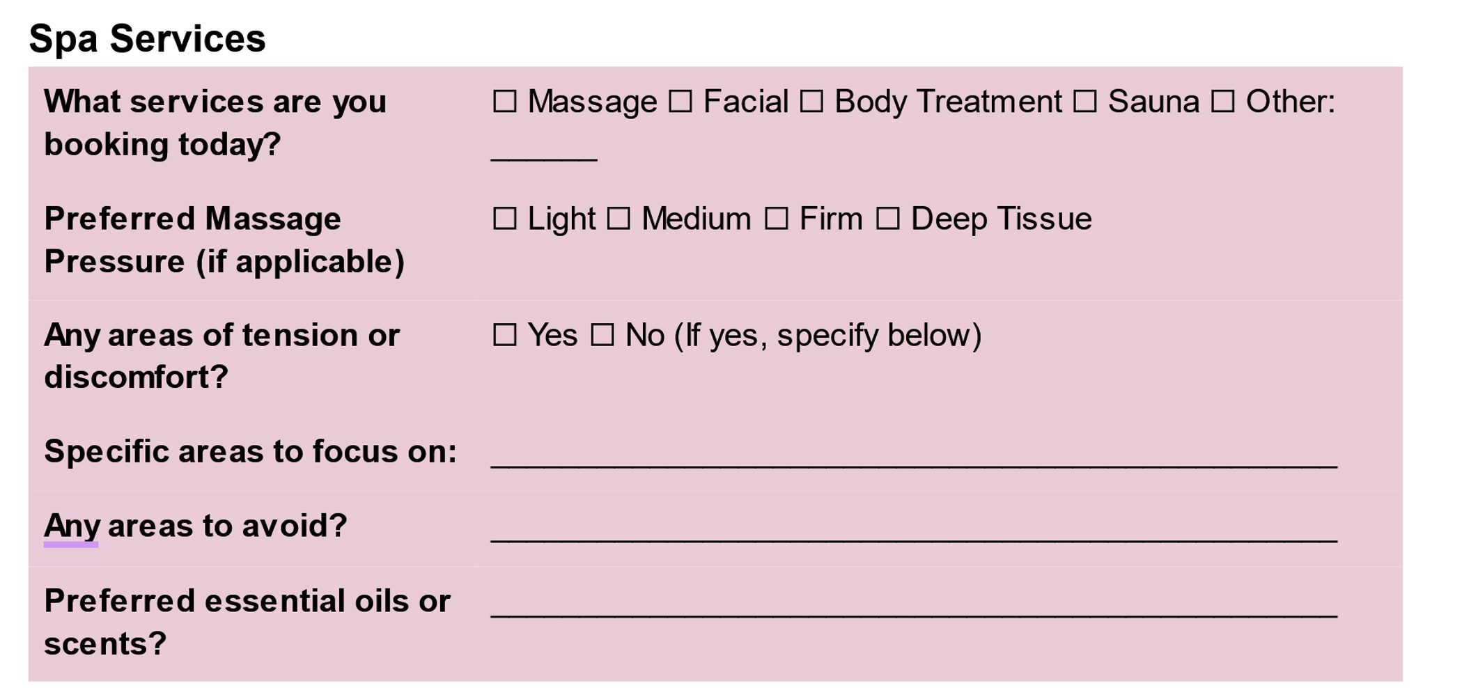 Spa Client Intake Form Template