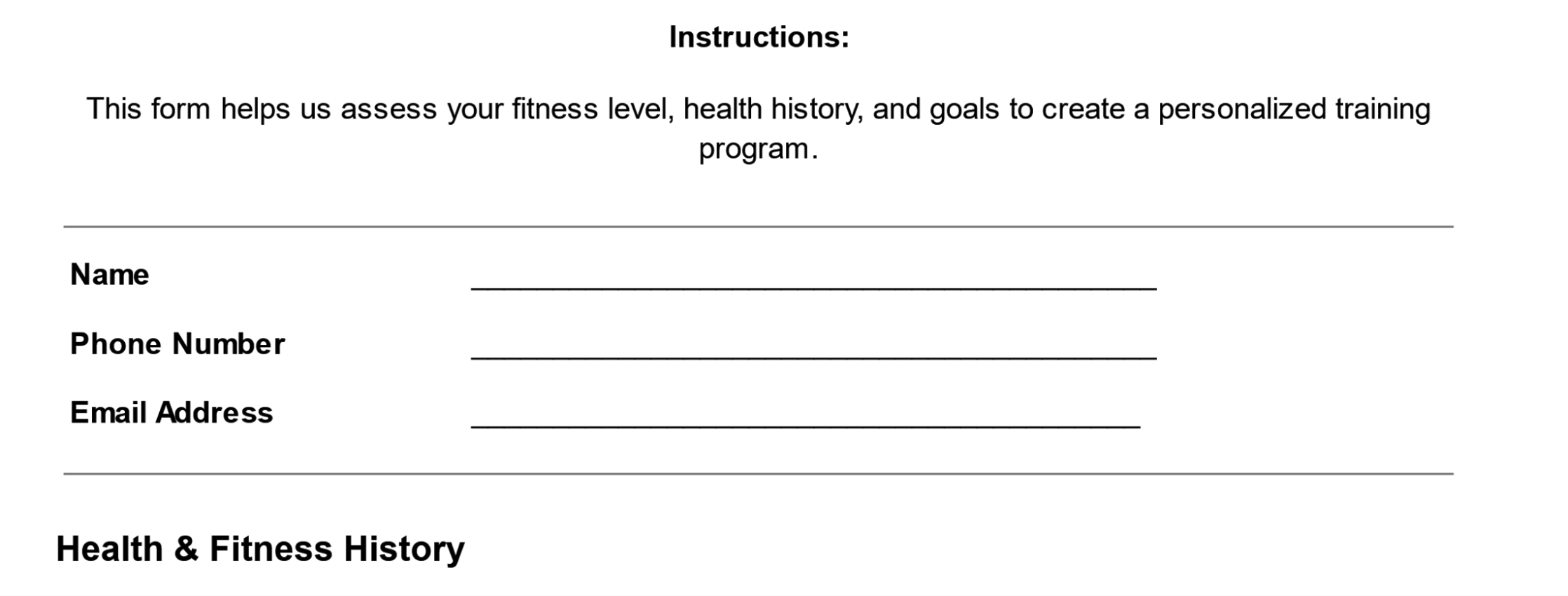 Personal Training Client Intake Form Template