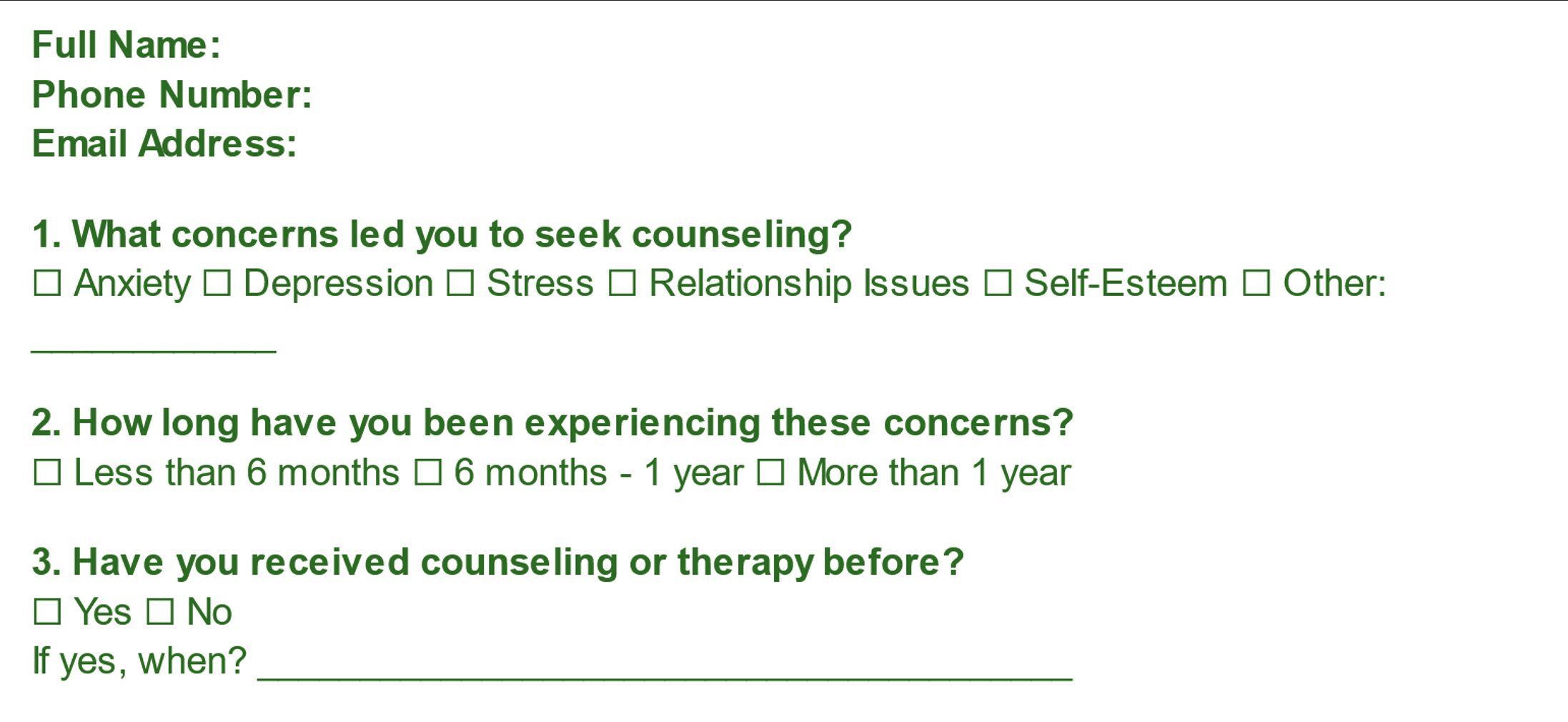 Counseling Client Intake Form Template