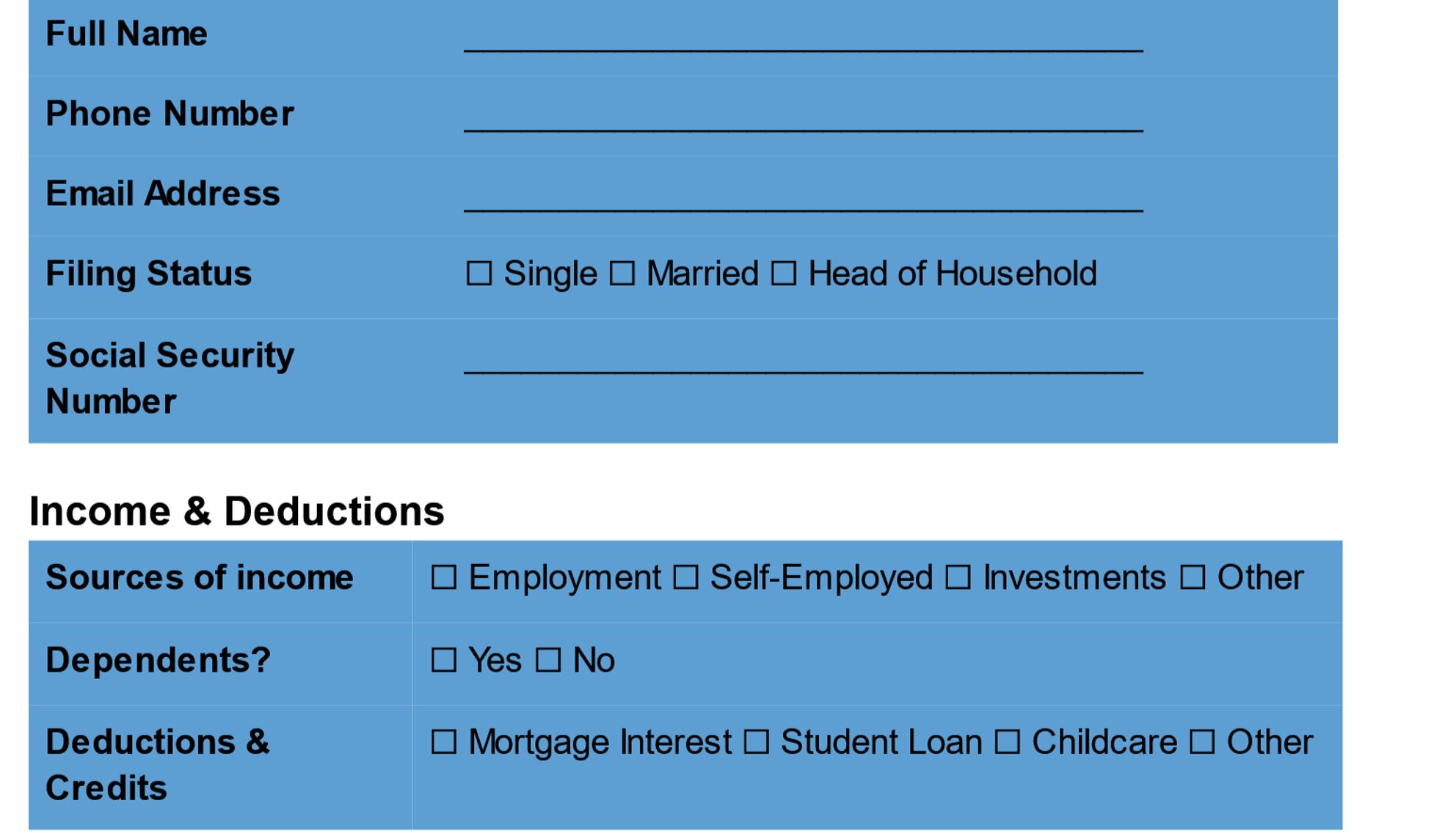 Tax Preparation Client Intake Form Template