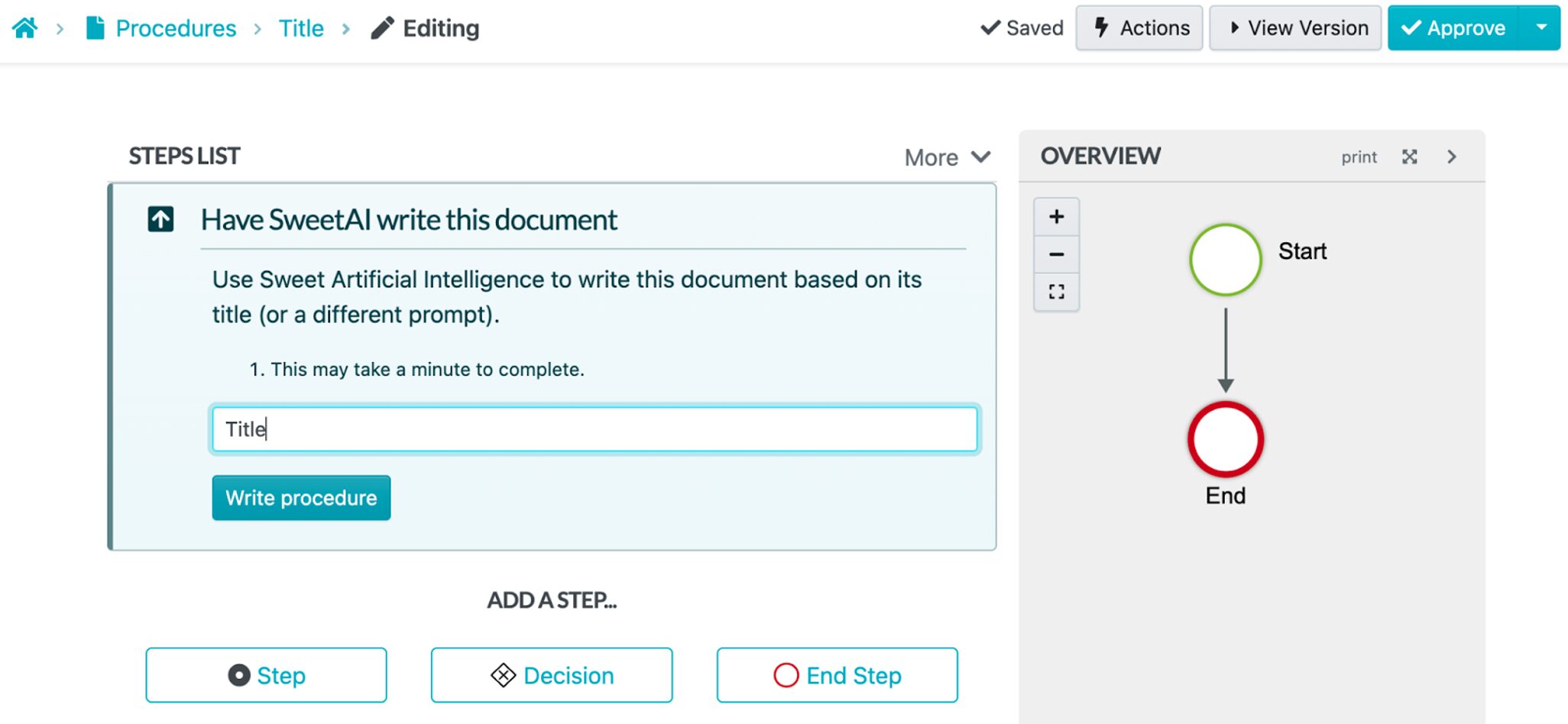 SweetProcess allows you to create a procedure using SweetAI. 