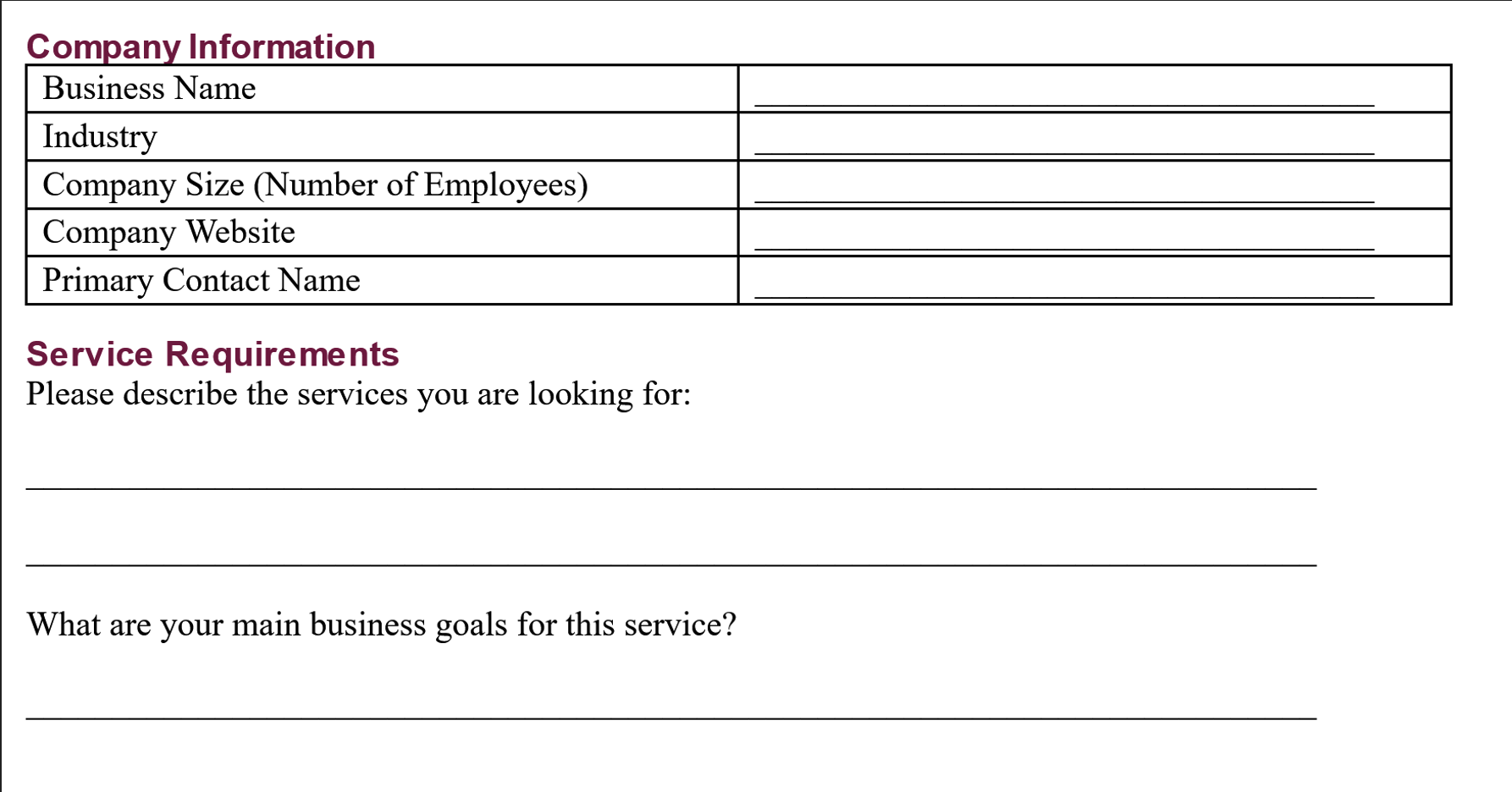 Business Client Intake Form Template